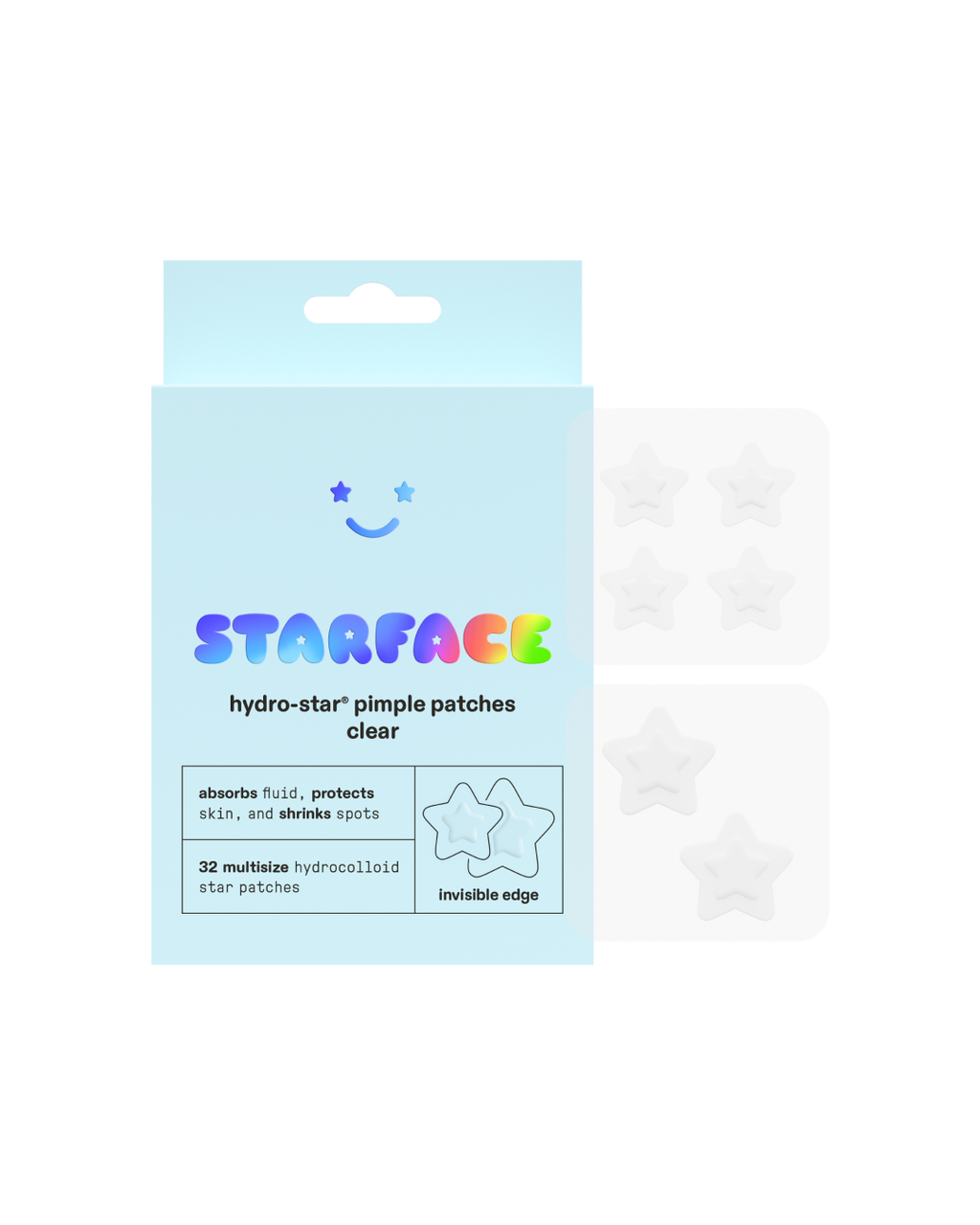 Starface Hydro-Star® Clear packaging beside a sheet of invisible star-shaped pimple patches. 32 hydrocolloid stars.