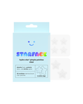 Starface Hydro-Star® Clear packaging beside a sheet of invisible star-shaped pimple patches. 32 hydrocolloid stars.