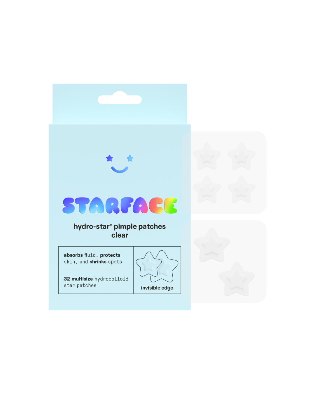 Starface Hydro-Star® Clear packaging beside a sheet of invisible star-shaped pimple patches. 32 hydrocolloid stars.