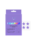 Starface Hydro-Star® Recovery packaging beside a sheet of purple patches. Hydrocolloid stars for promoting skin recovery.