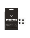 Starface Black Star packaging beside a sheet of black Hydro-Star® star-shaped pimple patches. 32 hydrocolloid stars.