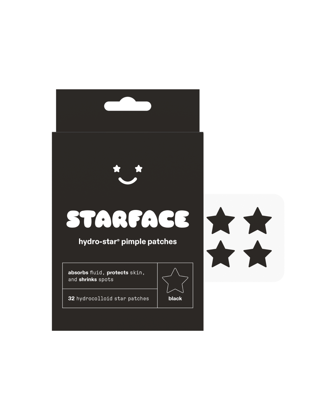 Starface Black Star packaging beside a sheet of black Hydro-Star® star-shaped pimple patches. 32 hydrocolloid stars.