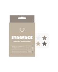 Starface Earth Star packaging beside a sheet of neutral-toned Hydro-Star® pimple patches. 32 hydrocolloid stars.