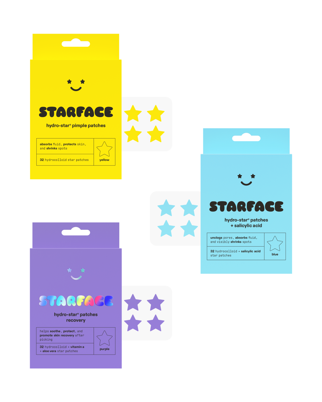 Starface Super Star Bundle of three Hydro-Star® packs: classic yellow, Salicylic Acid and Recovery. Patches for every stage.