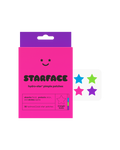 Starface Party Pack packaging beside a sheet of bright Hydro-Star® star-shaped pimple patches. 32 hydrocolloid stars.