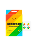Starface Rainbow Star packaging beside a sheet of full-color Hydro-Star® star-shaped pimple patches. 32 hydrocolloid stars.