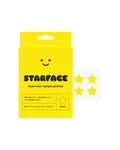 Starface Hydro-Star® refill packaging beside a sheet of classic yellow star-shaped pimple patches. 32 hydrocolloid stars.