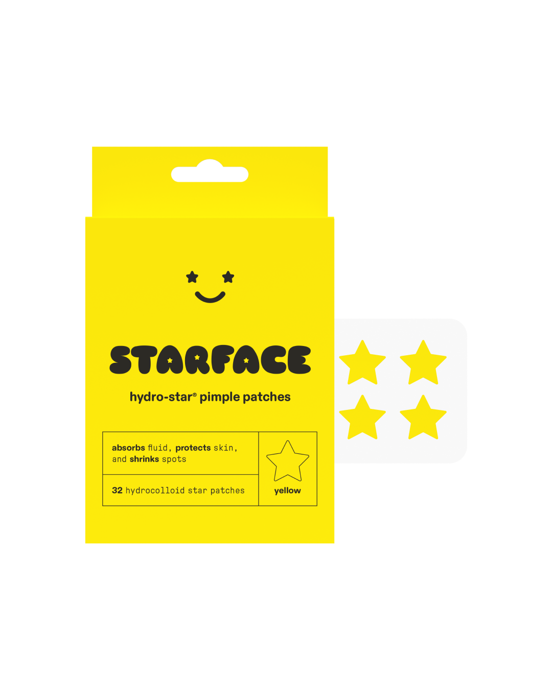 Starface Hydro-Star® refill packaging beside a sheet of classic yellow star-shaped pimple patches. 32 hydrocolloid stars.