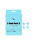 Starface Hydro-Star® + Salicylic Acid packaging beside a sheet of star-shaped patches. 32 hydrocolloid stars.