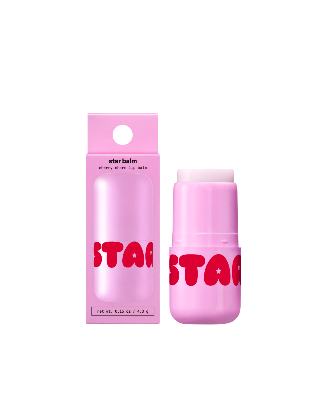 Starface Star Balm® in Cherry Charm, capped tube on a plain background. A fruity, sweet cherry moisturizing lip balm.