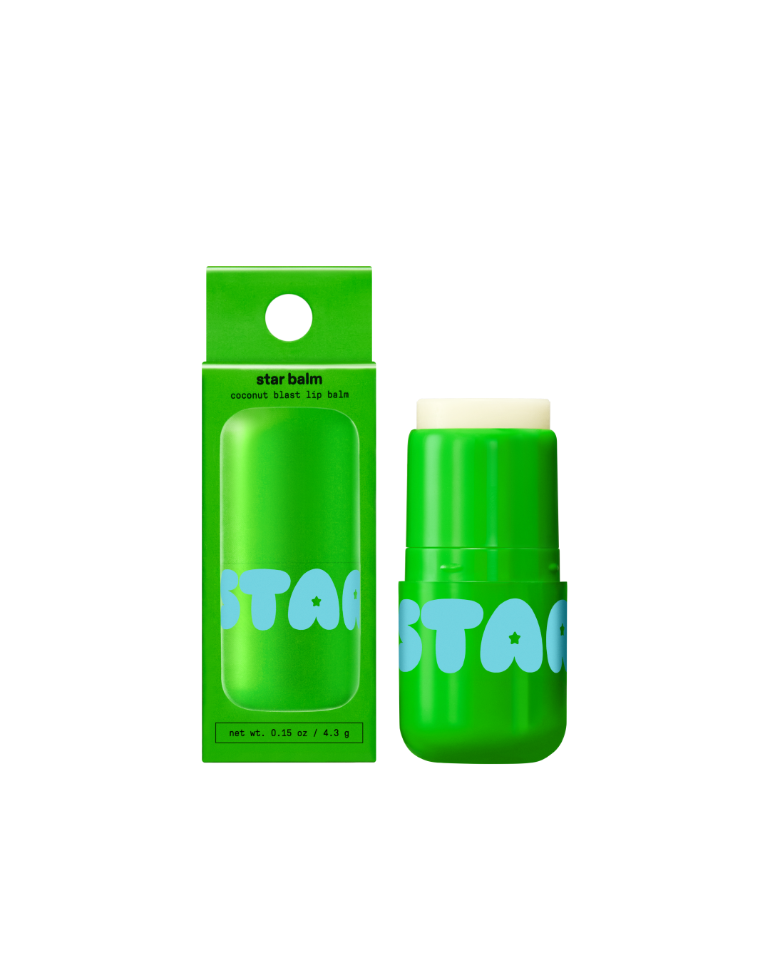 Starface Star Balm® in Coconut Blast, capped tube on a plain background. A creamy, refreshing coconut lip balm.