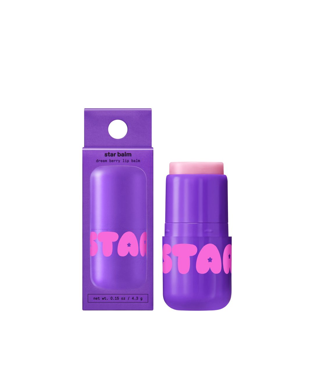 Starface Star Balm® in Dream Berry, capped tube on a plain background. A sweet, juicy berry moisturizing lip balm.