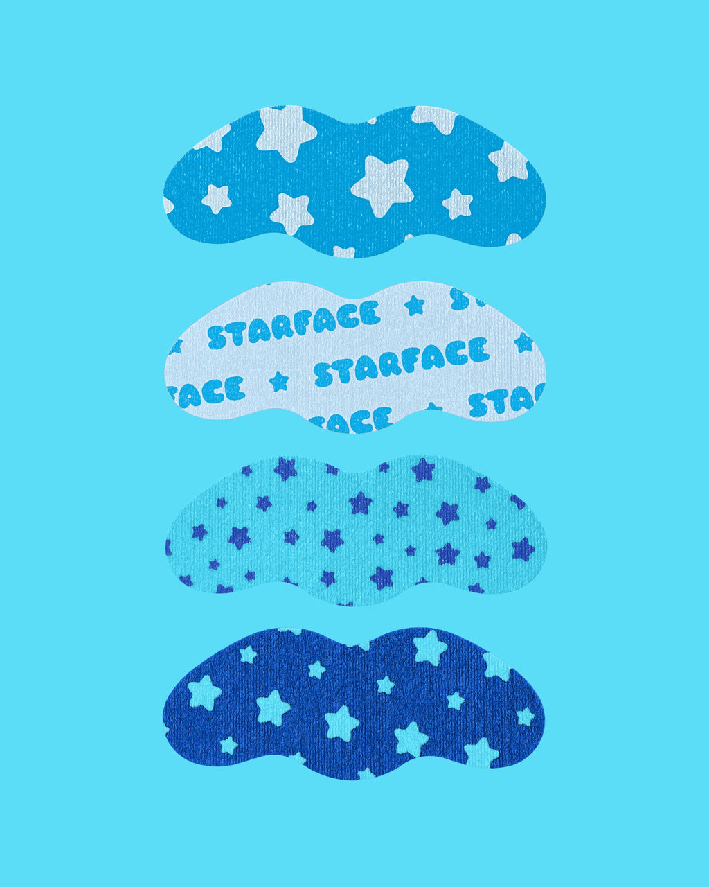 The four blue Starface Star Strips™ + Salicylic Acid designs. Extra-strength pore strips that remove blackheads.