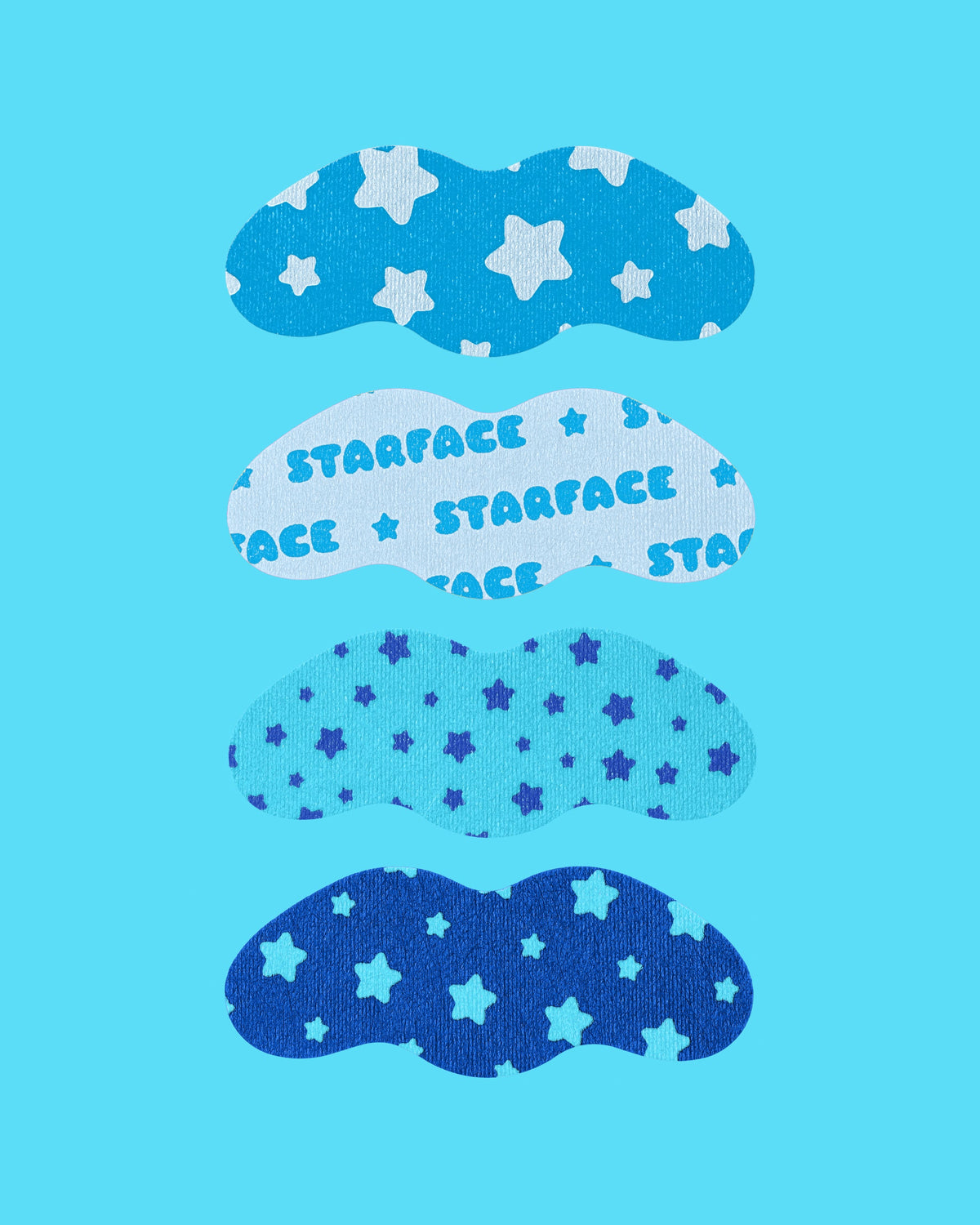 The four blue Starface Star Strips™ + Salicylic Acid designs. Extra-strength pore strips that remove blackheads.
