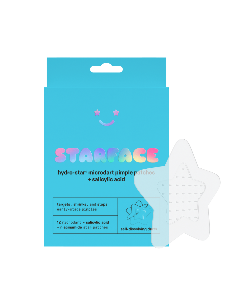 Starface Hydro-Star® Microdarts + Salicylic Acid packaging beside a sheet of clear star patches. 12 microdart stars.