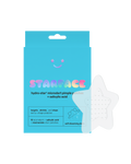Starface Hydro-Star® Microdarts + Salicylic Acid packaging beside a sheet of clear star patches. 12 microdart stars.