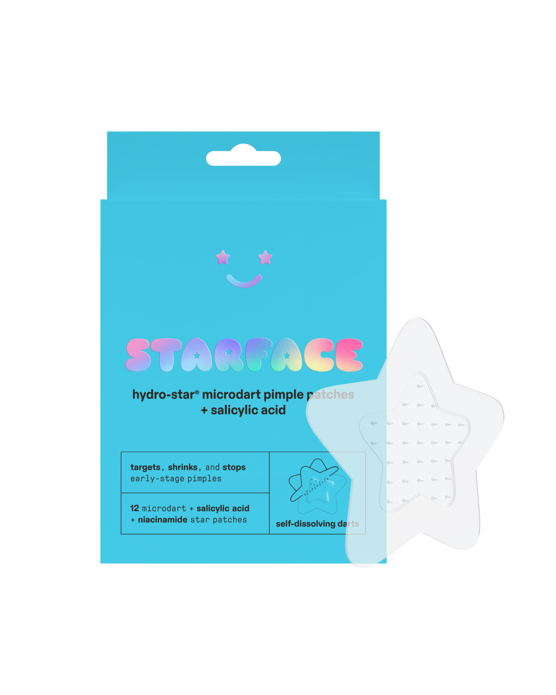 Starface Hydro-Star® Microdarts + Salicylic Acid packaging beside a sheet of clear star patches. 12 microdart stars.