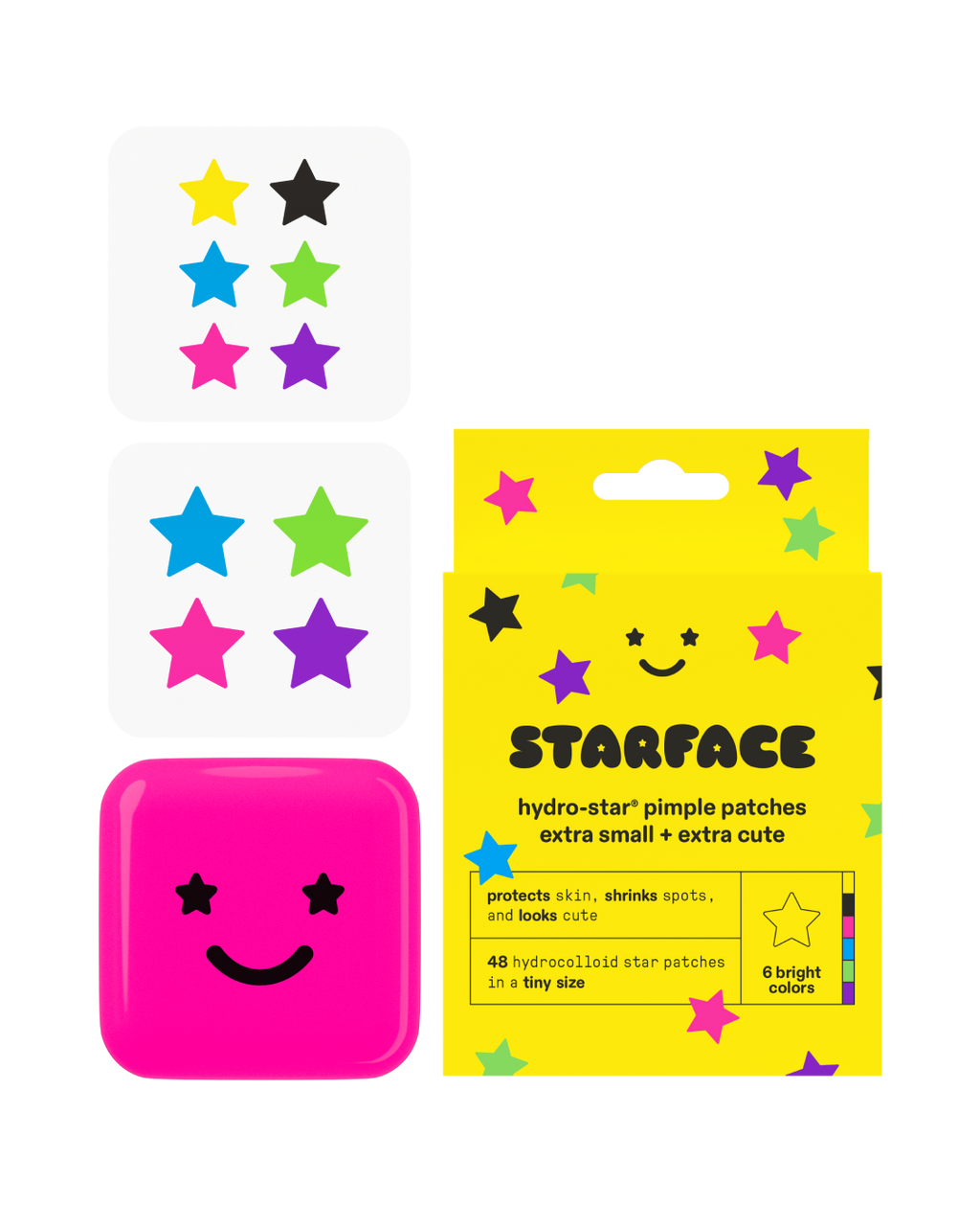 Starface Lil Party Bundle: Tiny Star patches and the Big Party compact. Extra-small and classic star pimple patches.