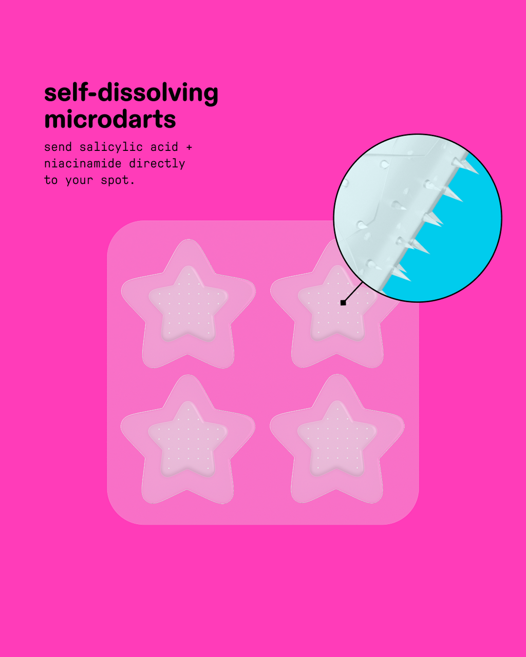 Explainer for Starface Hydro-Star® Microdarts. Self-dissolving darts send salicylic acid and niacinamide into spots.