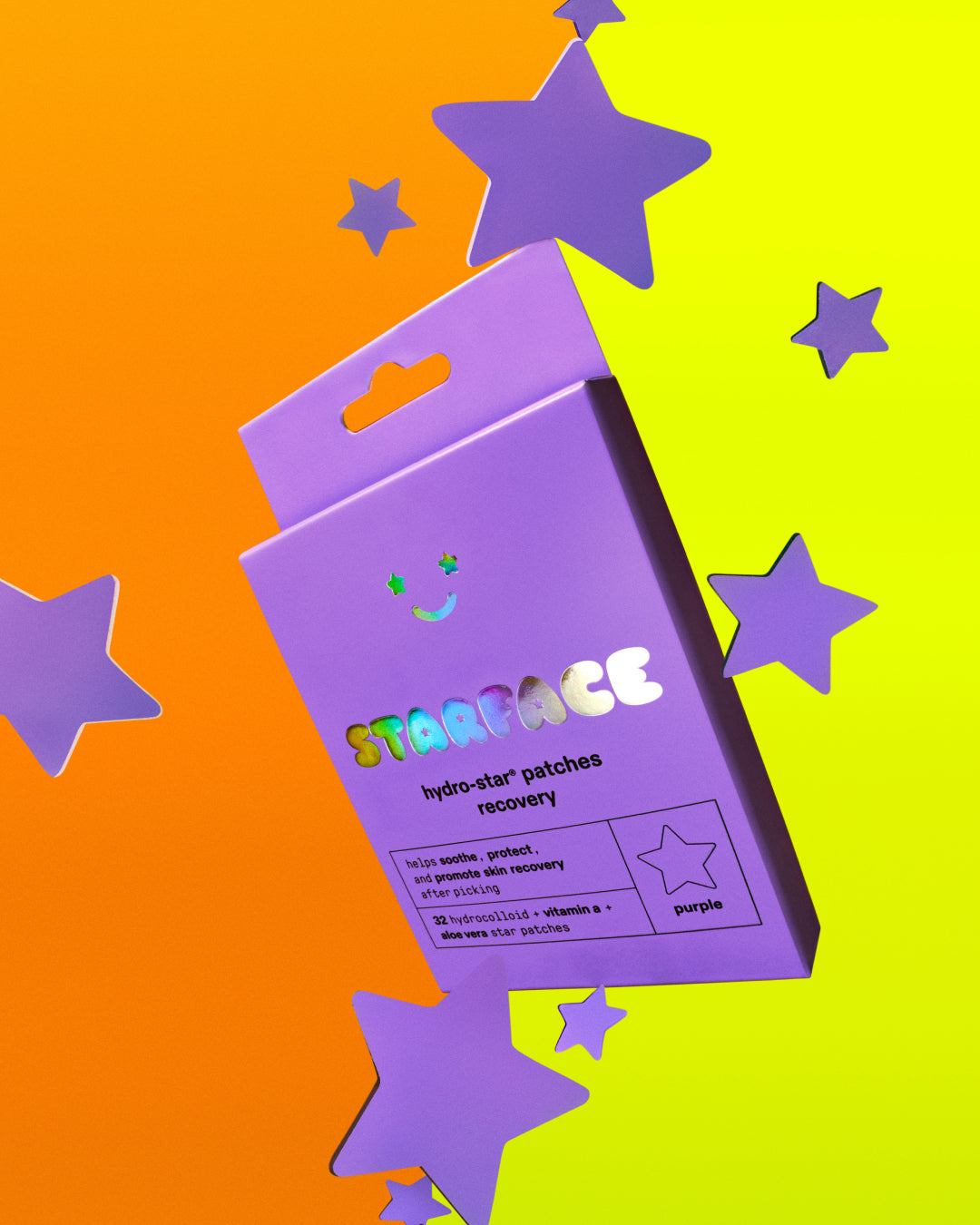 A refill pack of purple Starface Hydro-Star® Recovery patches. Hydrocolloid stars that soothe dry, flaky or picked skin.