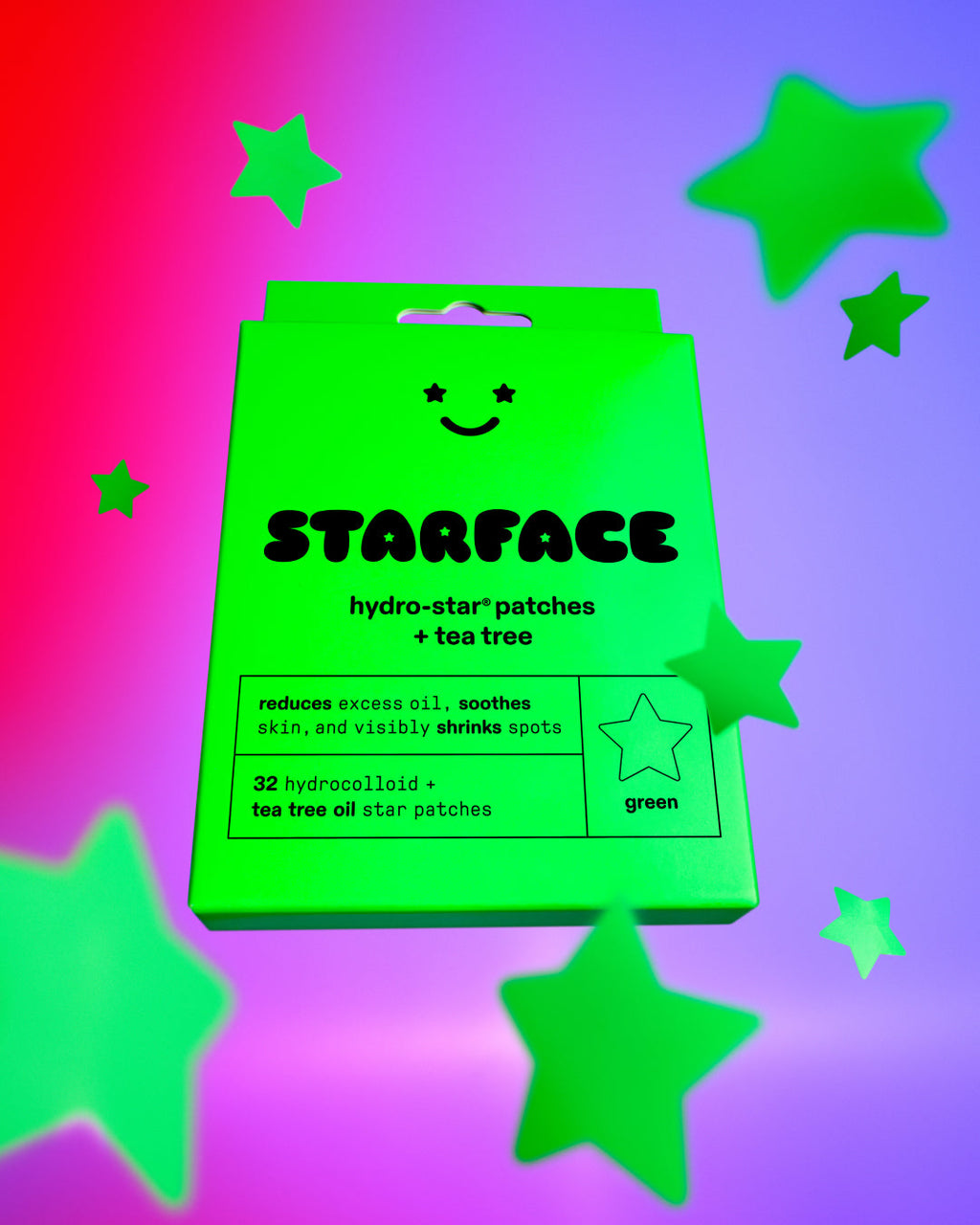 A refill pack of green Starface Hydro-Star® + Tea Tree patches. Hydrocolloid stars with tea tree oil to soothe skin.
