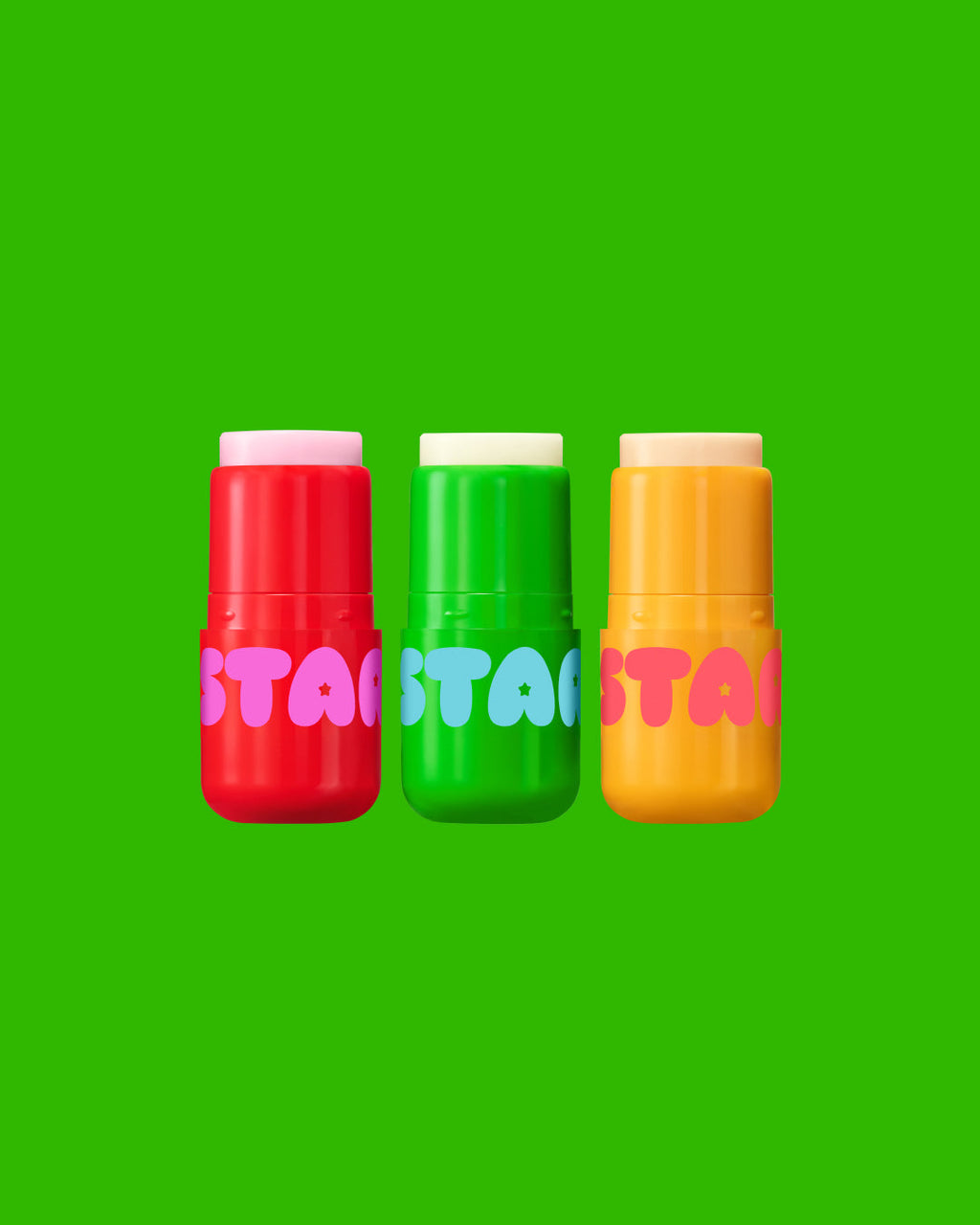 The three Starface Fruity Balm Bundle flavors. So Strawberry, Coconut Blast and Mango Mania Star Balm® lip balms.