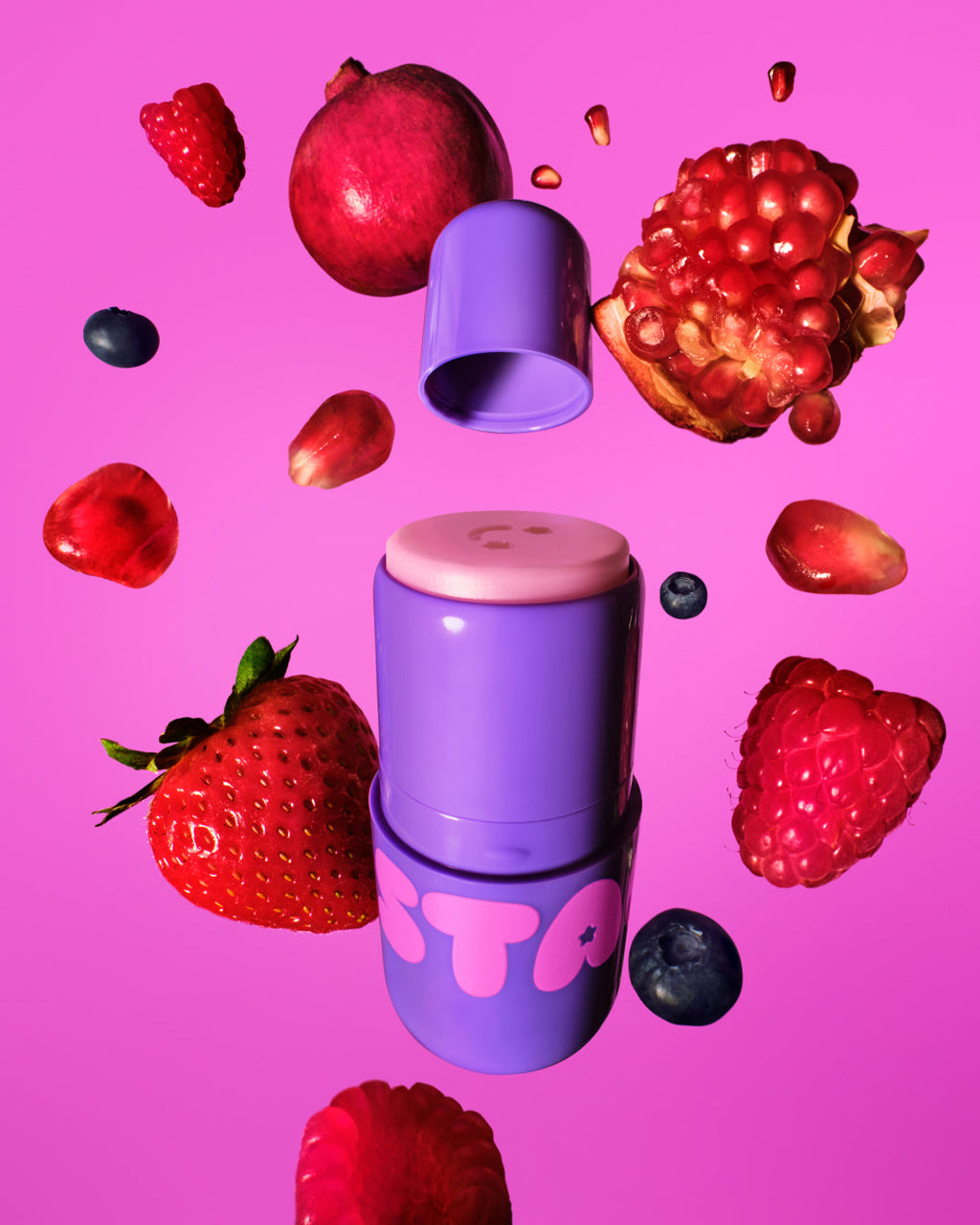 Starface Star Balm® Dream Berry lip balm uncapped. Shea butter, cocoa butter and coconut oil hydrate dry lips.