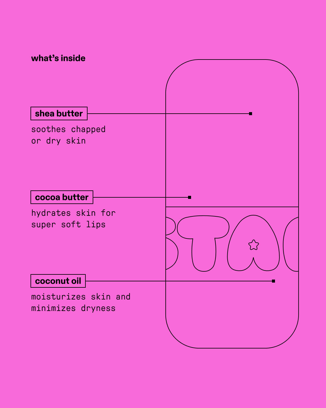 Ingredient guide for Starface Star Balm® Starfruit lip balm. Made with shea butter, cocoa butter and coconut oil.