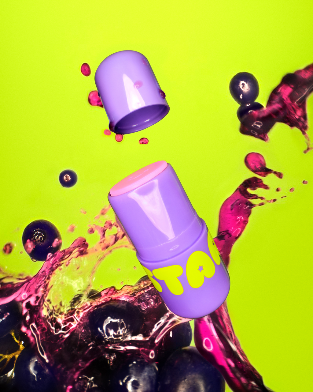 Starface Star Balm® Super Grape lip balm uncapped. Shea butter, cocoa butter and coconut oil hydrate dry lips.