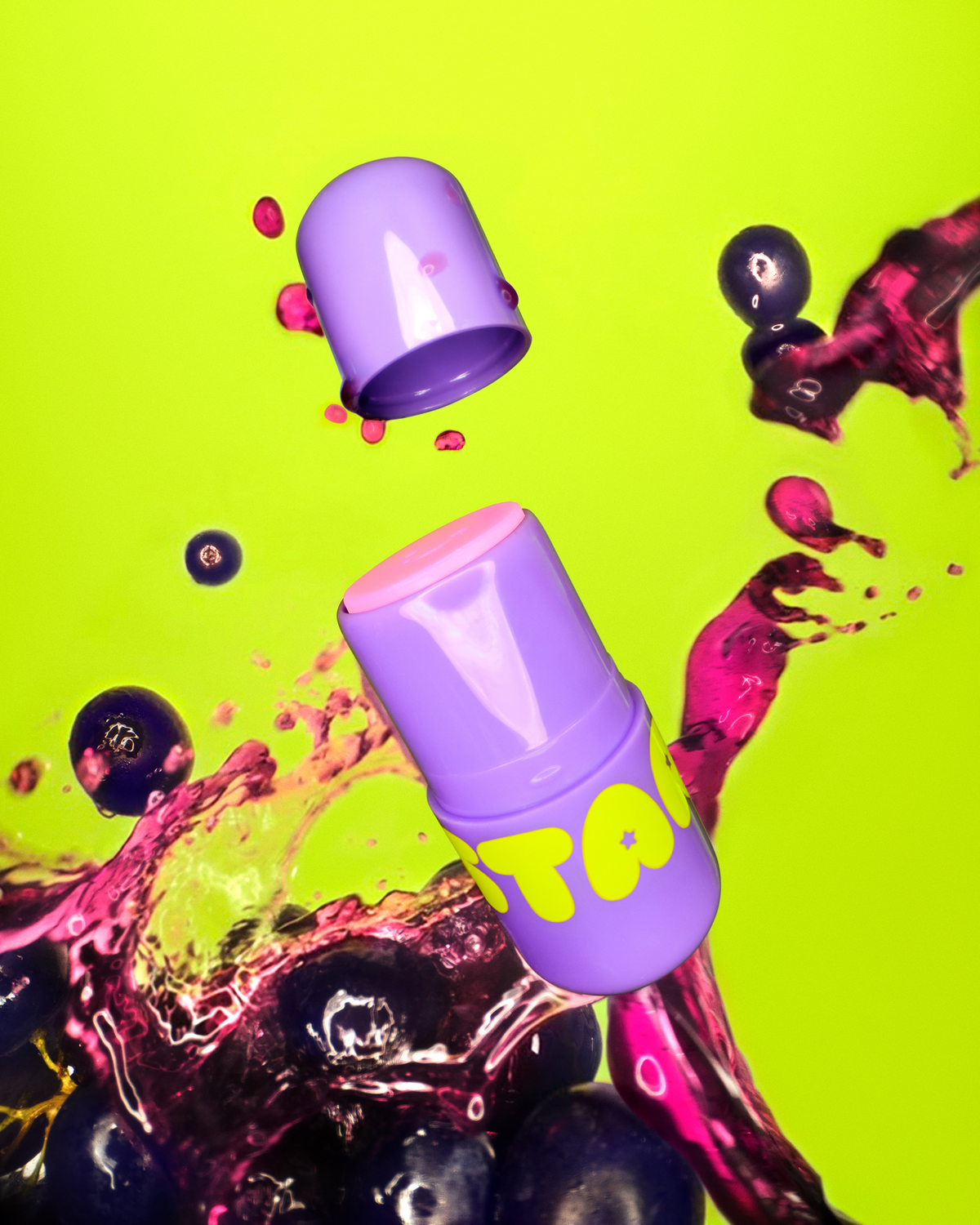 Starface Star Balm® Super Grape lip balm uncapped. Shea butter, cocoa butter and coconut oil hydrate dry lips.