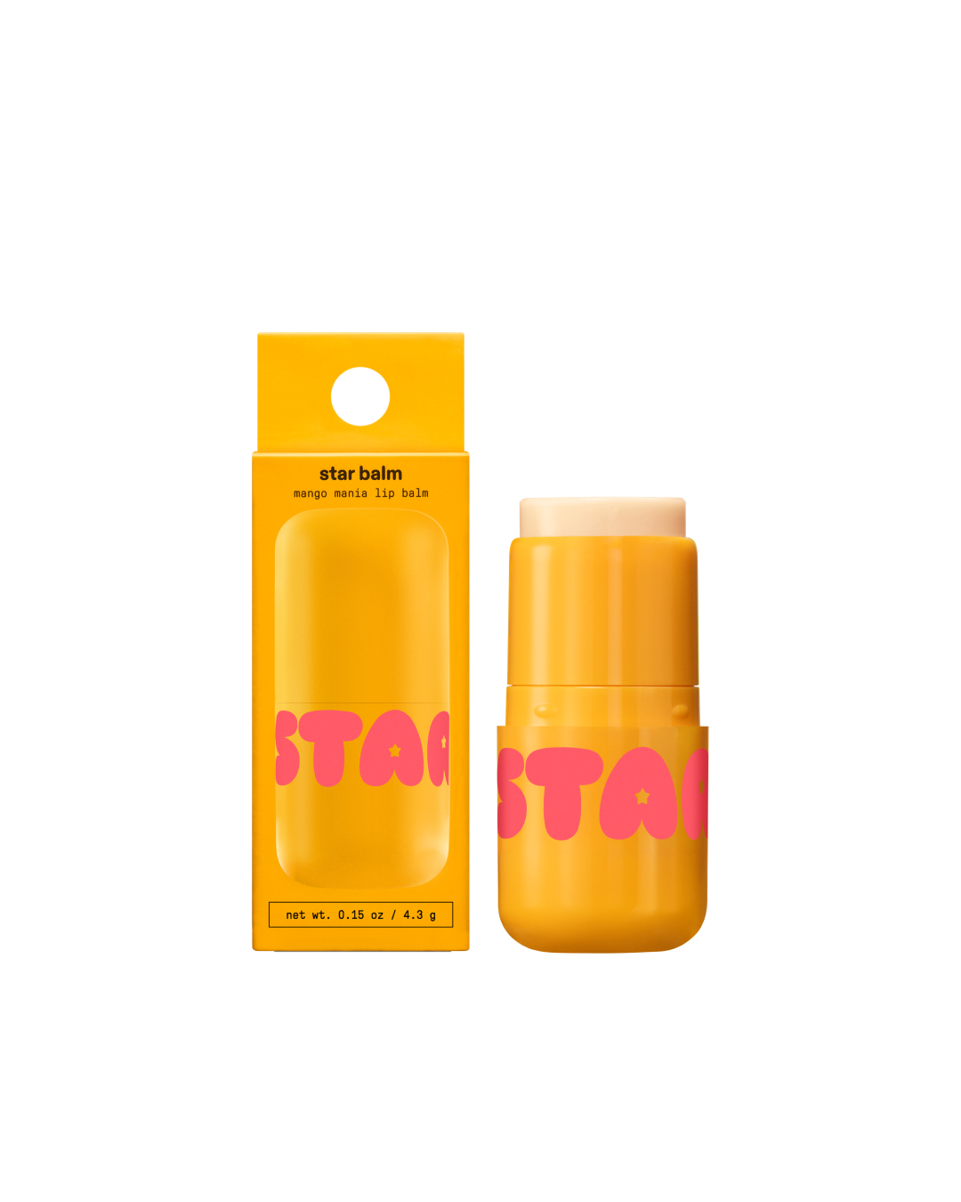 Starface Star Balm® in Mango Mania, capped tube on a plain background. A sweet, citrusy mango moisturizing lip balm.