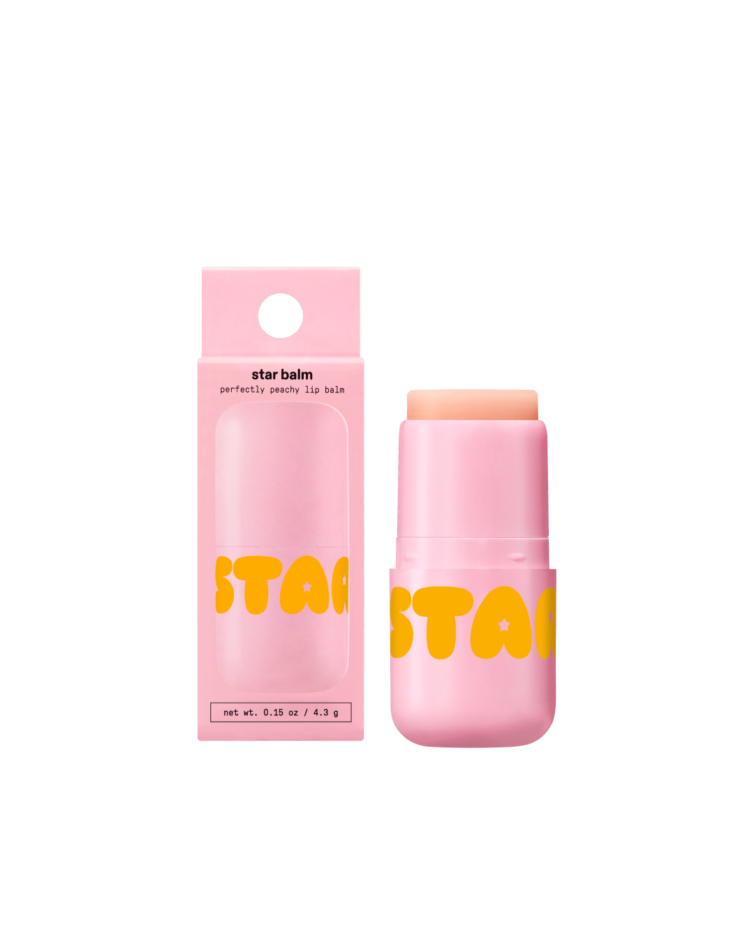 Starface Star Balm® in Perfectly Peachy, capped tube on a plain background. A sweet, refreshing peach lip balm.