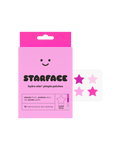 Starface Pink Star packaging beside a sheet of pink Hydro-Star® star-shaped pimple patches. 32 hydrocolloid stars.