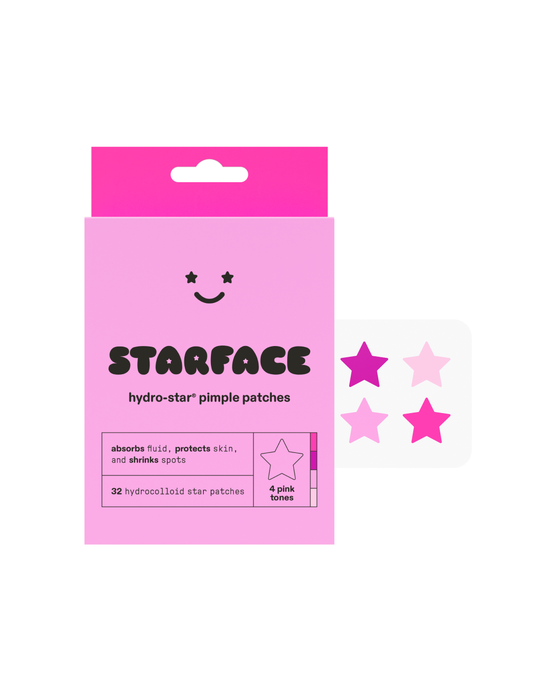 Starface Pink Star packaging beside a sheet of pink Hydro-Star® star-shaped pimple patches. 32 hydrocolloid stars.