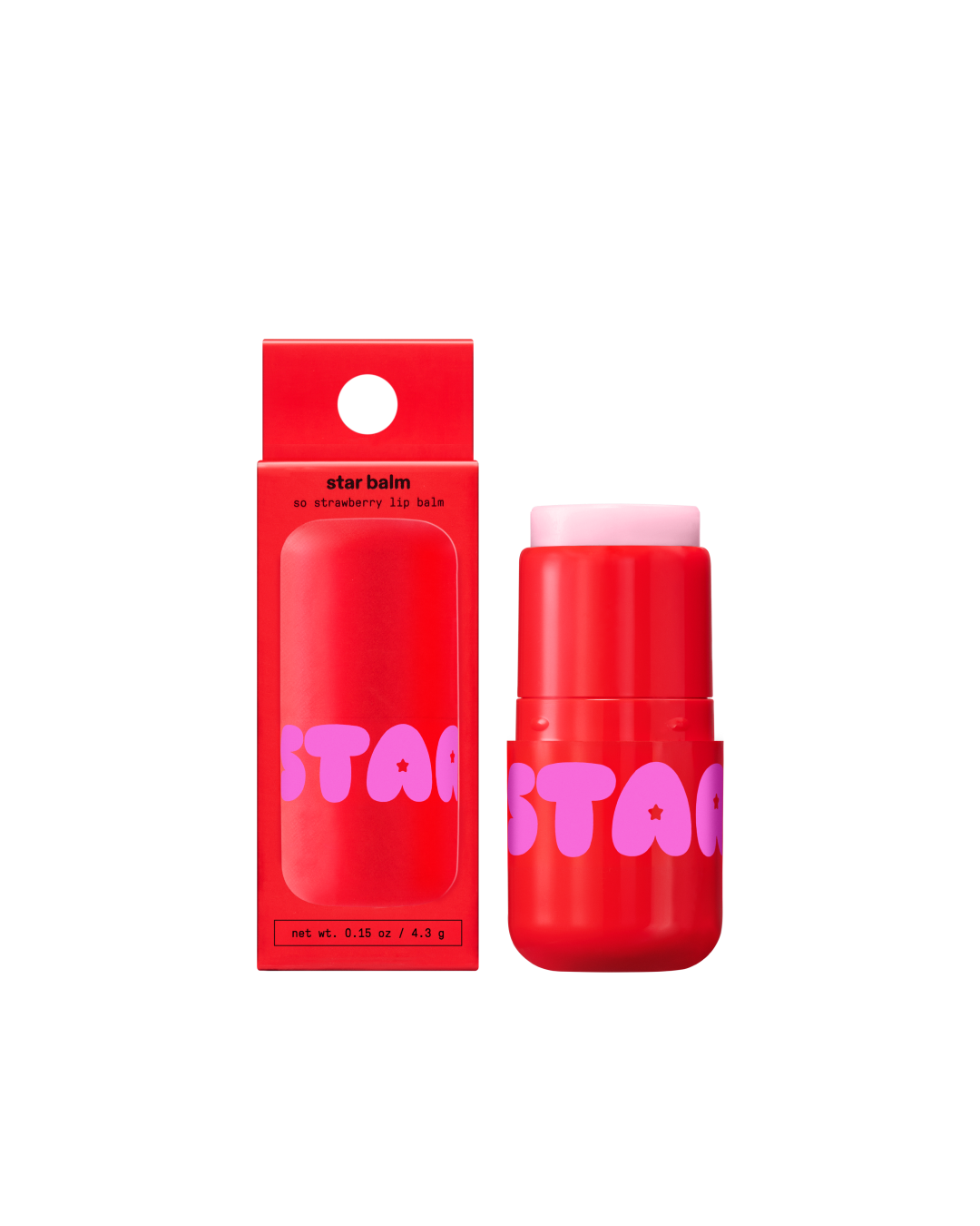 Starface Star Balm® in So Strawberry, capped tube on a plain background. A juicy, sweet strawberry lip balm.