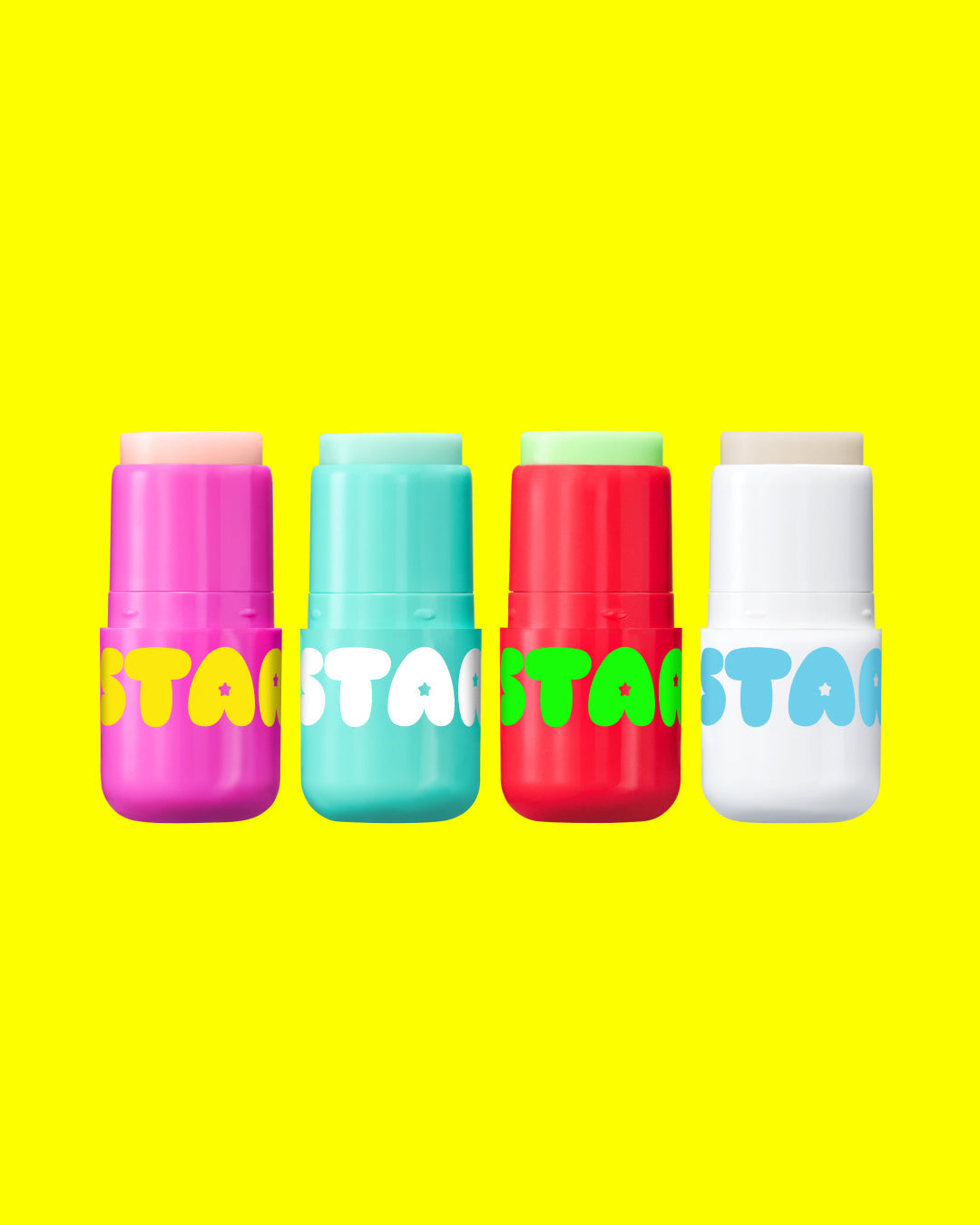 The four Starface Star Balm® Bundle flavors. Starfruit, Very Vanilla, Watermelon Squeeze and Magic Mint.