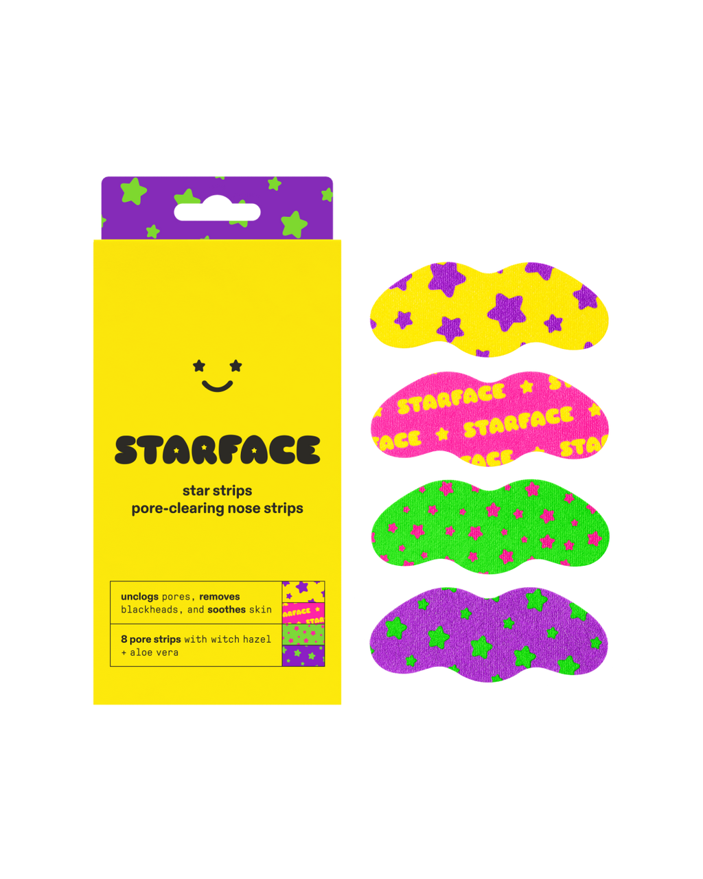 Starface Star Strips™ pore-clearing nose strips packaging. Colorful strips that lift away blackheads and unclog pores.