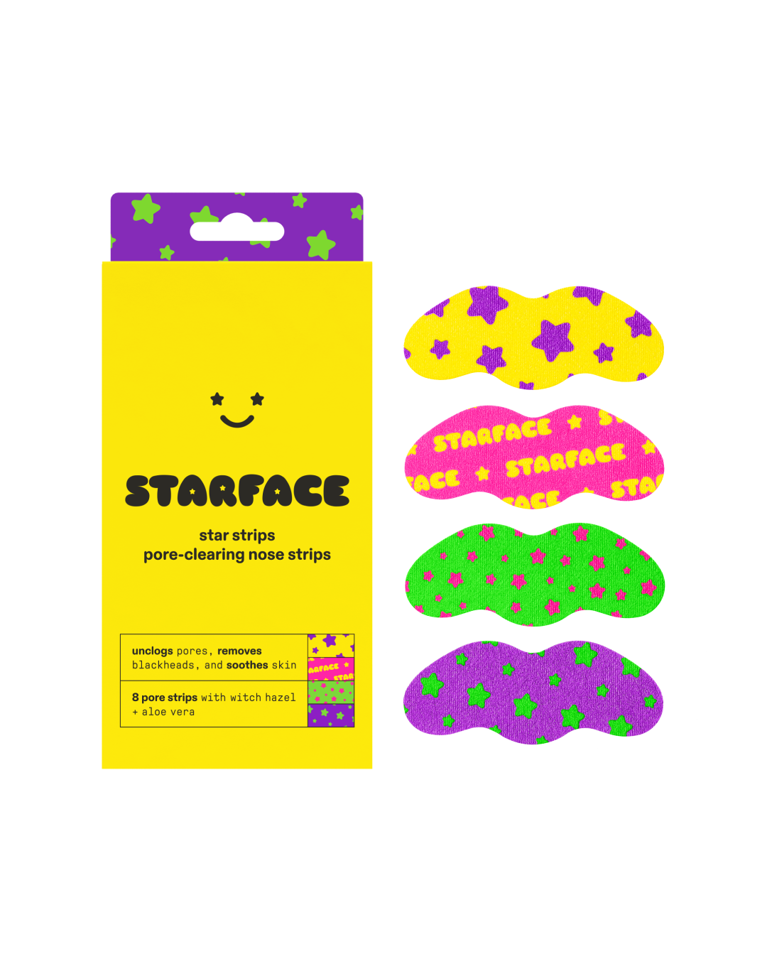 Starface Star Strips™ pore-clearing nose strips packaging. Colorful strips that lift away blackheads and unclog pores.