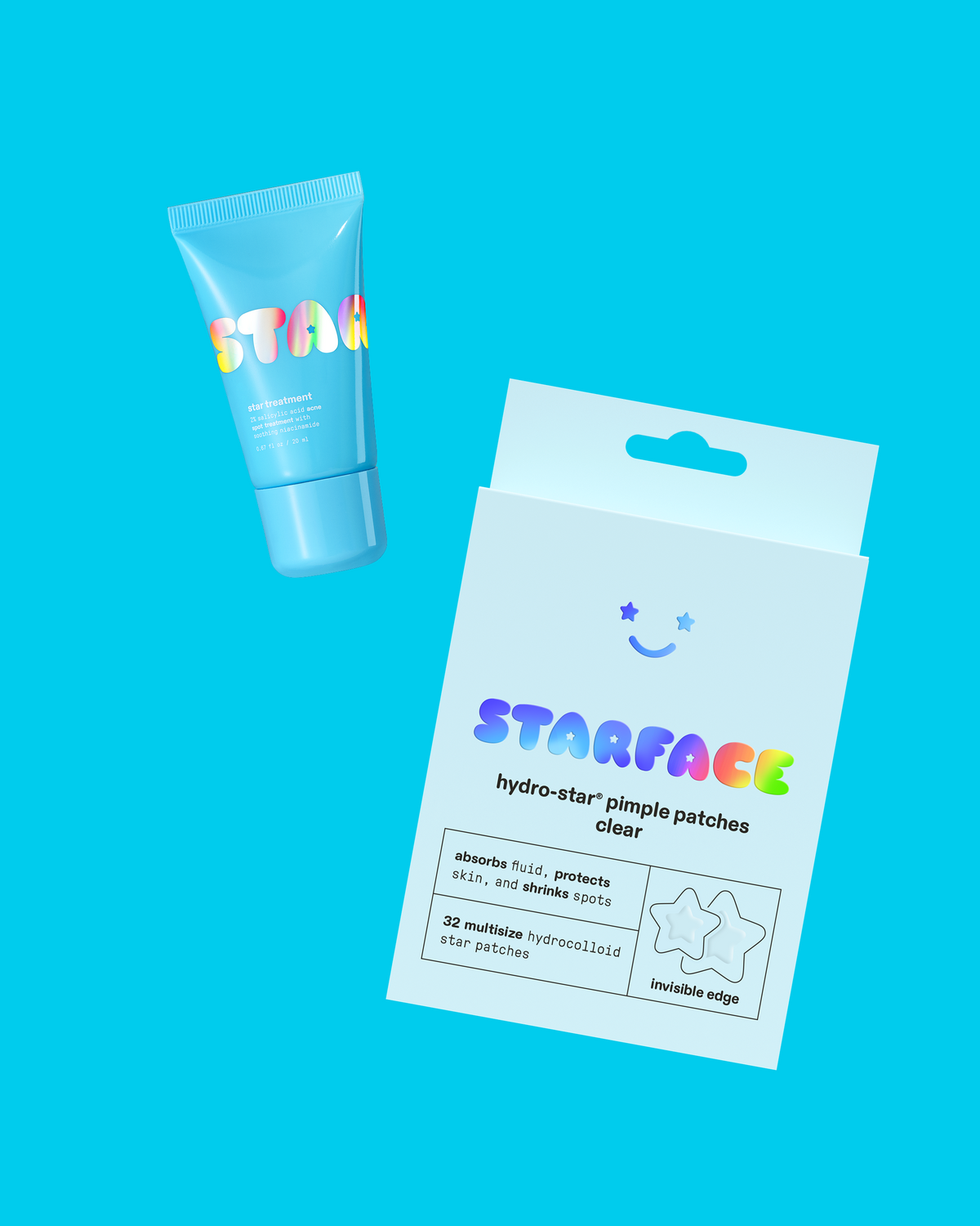 Starface Star Treatment™ and Hydro-Star® Clear Bundle. Spot treatment plus invisible hydrocolloid star patches.