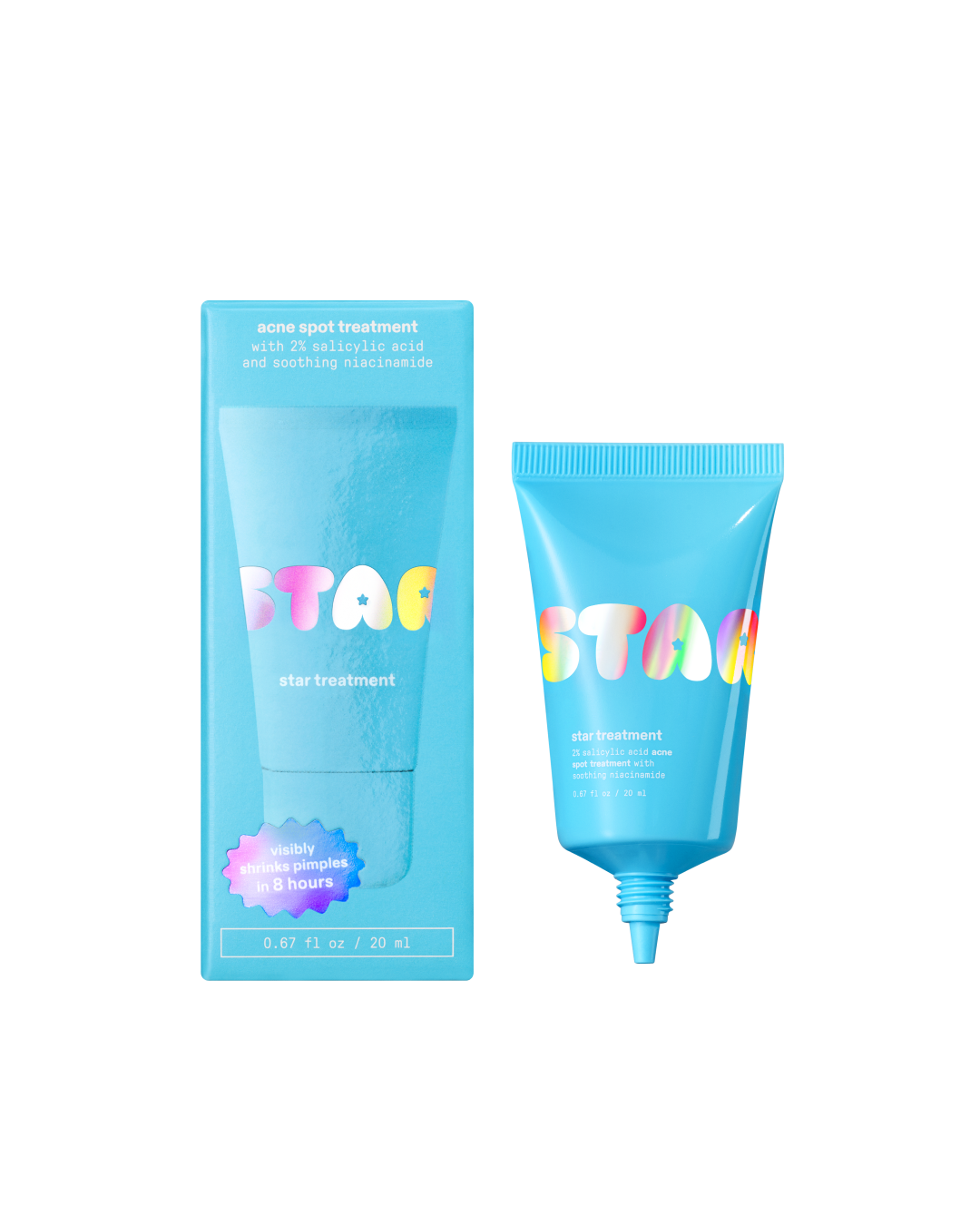 Starface Star Treatment™, a 2% salicylic acid acne spot treatment, on a plain background. Visibly shrinks pimples in 8 hours.