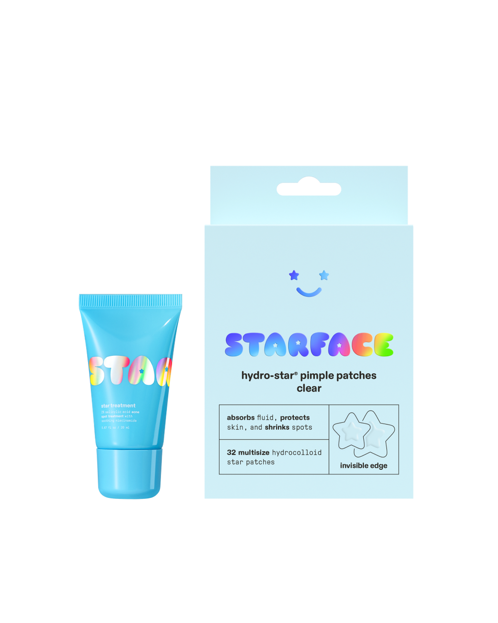 Starface Star Treatment™ + Hydro-Star® Clear Bundle. A 2% salicylic acid acne spot treatment with invisible pimple patches.
