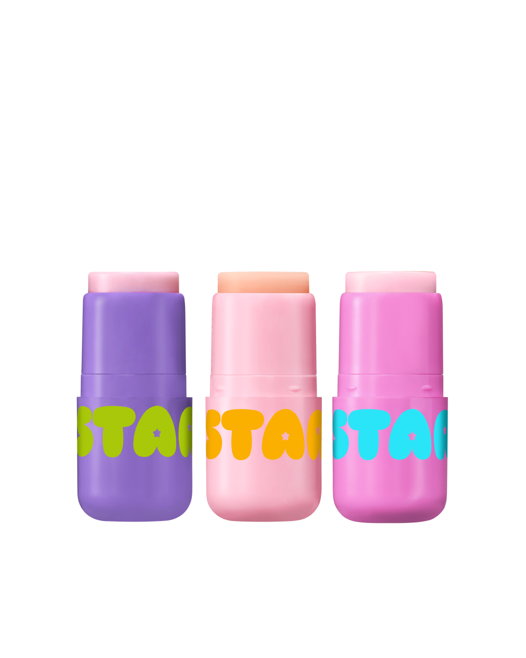 Starface Sugar Rush Bundle of three Star Balm® lip balms. Super Grape, Perfectly Peachy and Bubblegum Bliss.