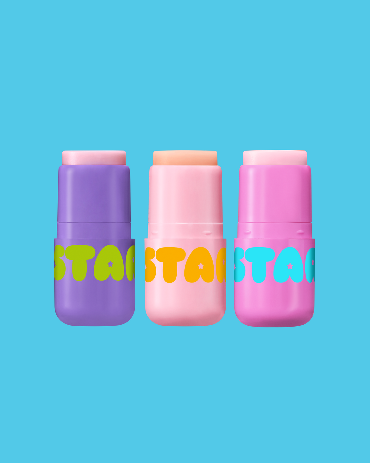 The three Starface Sugar Rush Bundle Star Balm® flavors: Super Grape, Perfectly Peachy and Bubblegum Bliss.