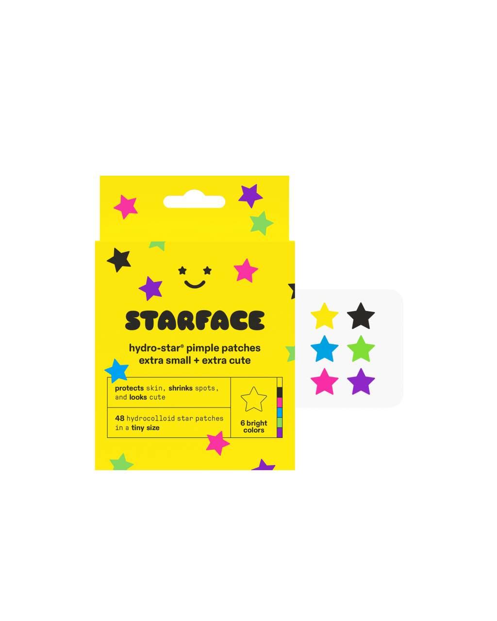 Starface Tiny Star packaging beside a sheet of extra-small Hydro-Star® star-shaped pimple patches. 48 hydrocolloid stars.