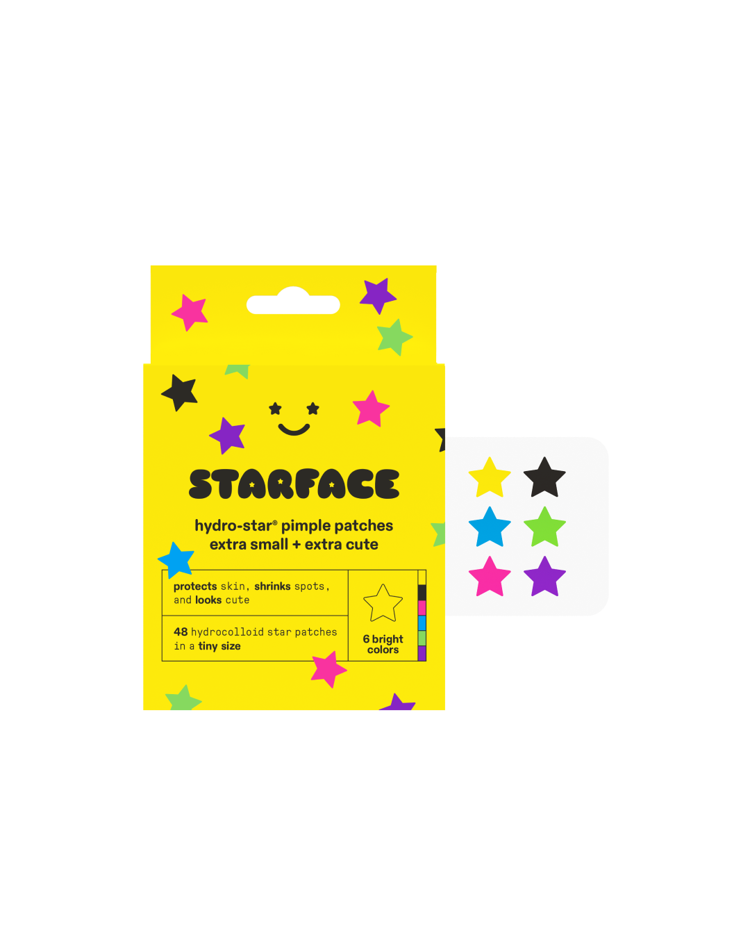 Starface Tiny Star packaging beside a sheet of extra-small Hydro-Star® star-shaped pimple patches. 48 hydrocolloid stars.