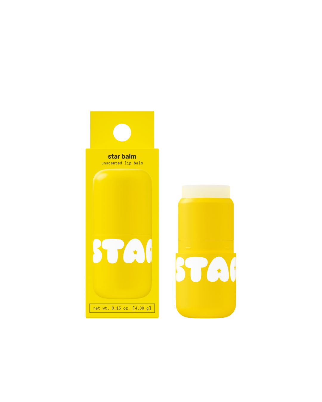 Starface Star Balm® in Unscented, capped tube on a plain background. A fragrance-free, creamy, clear lip balm.