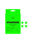 Starface Hydro-Star® + Tea Tree packaging beside a sheet of green star-shaped patches. 32 hydrocolloid stars.